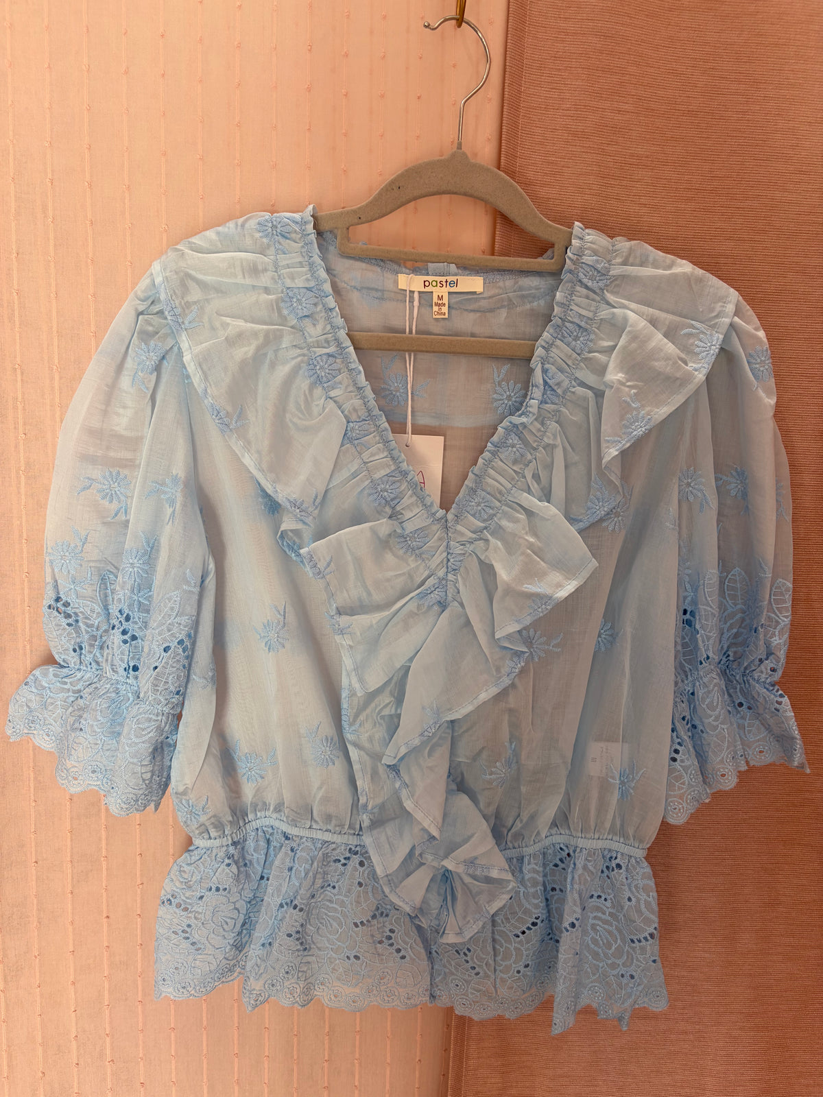 Blue Ruffle Embroidered Top