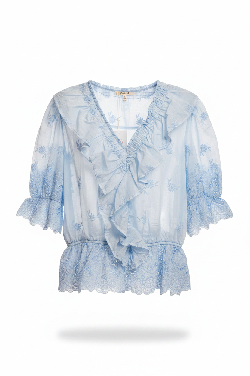 Blue Ruffle Embroidered Top
